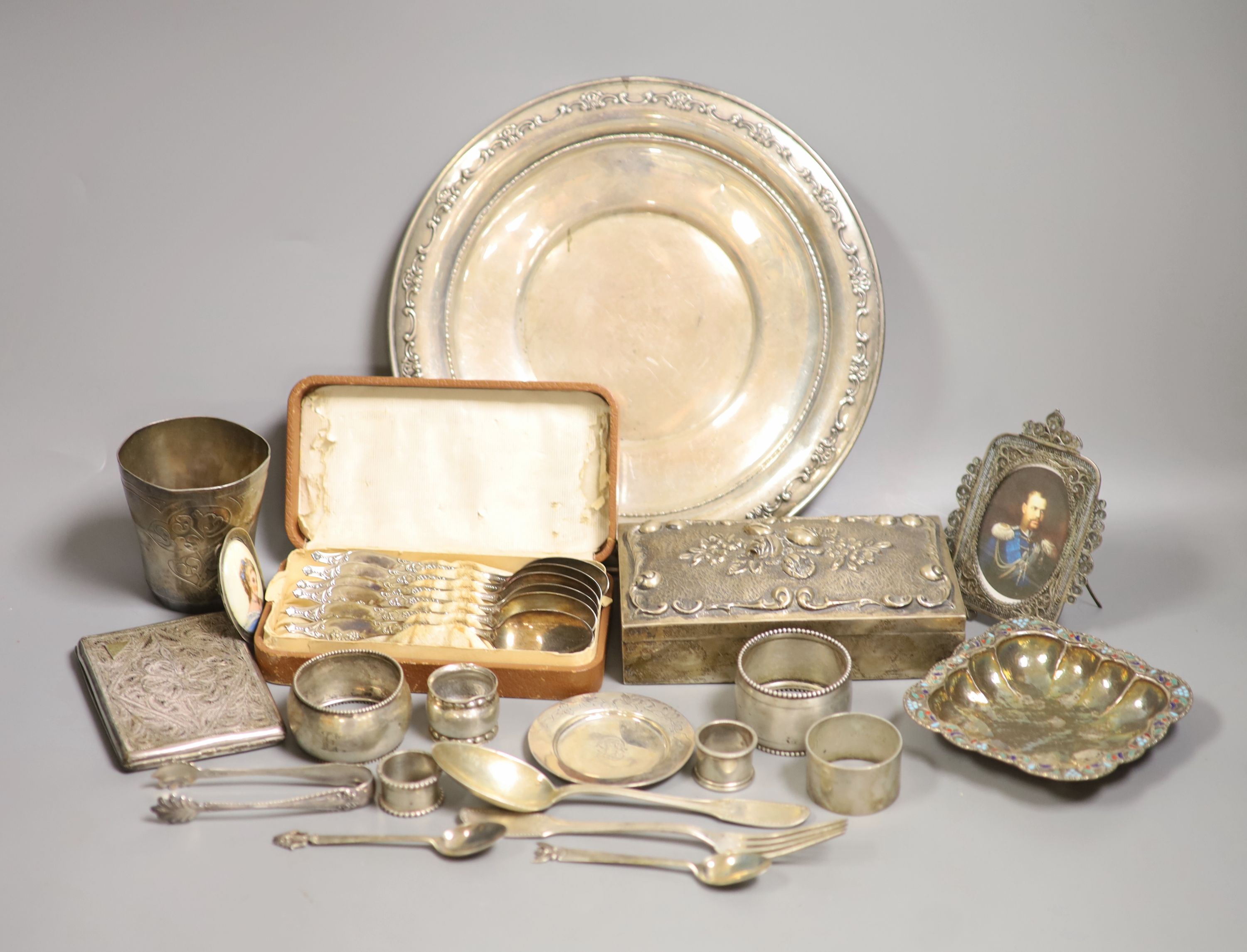 A collection of continental white metal items including 800 cigarette box, sterling plate, Tiffany & Co small dish, flatware etc.